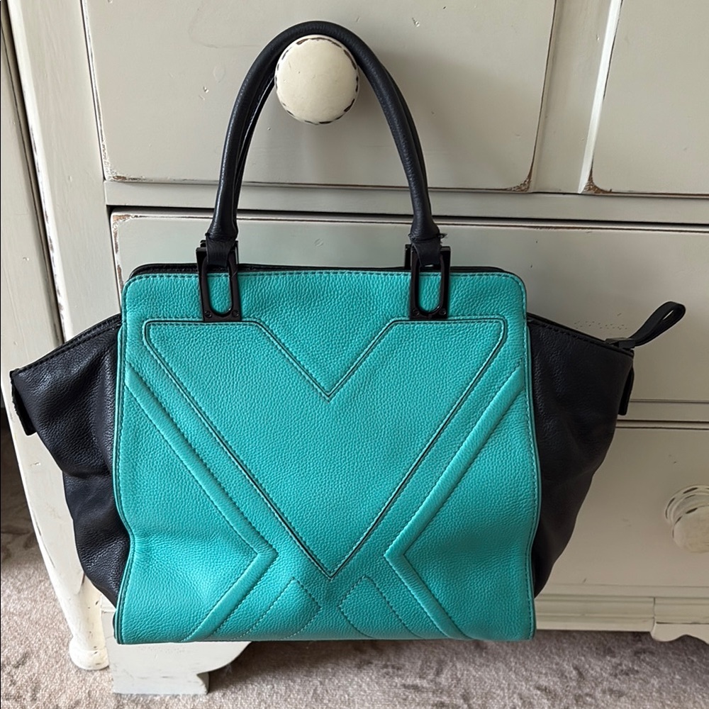 Milly Black and Turquoise Satchel with Geometric Stitching - Picture 2 of 7